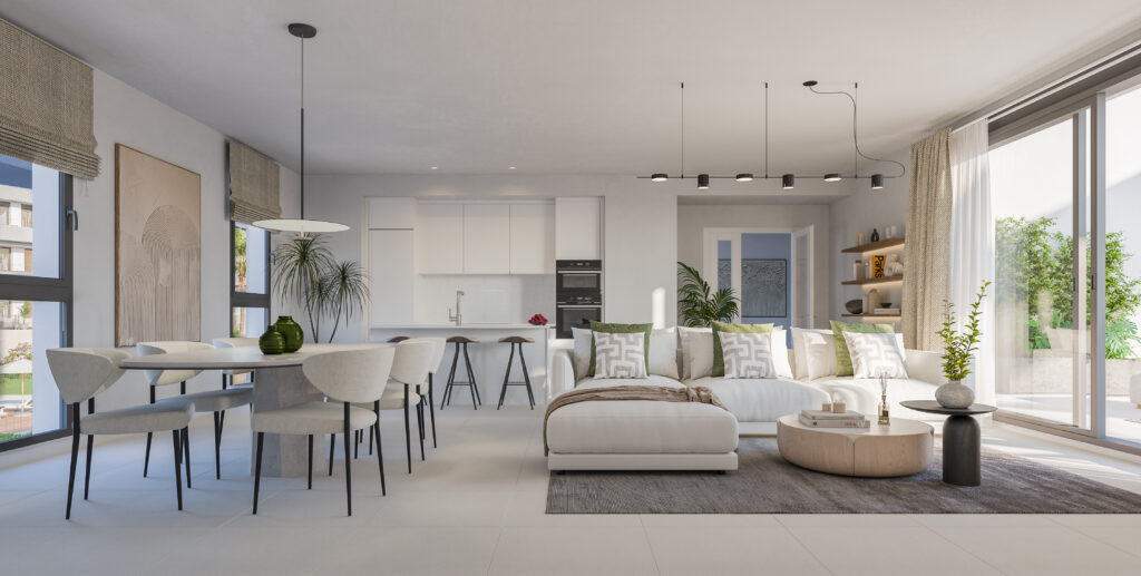 Lys stue i en visualisering af ETHERNA HOMES I med sofa, spisebord, åbent køkken og store skydevinduer til højre.
