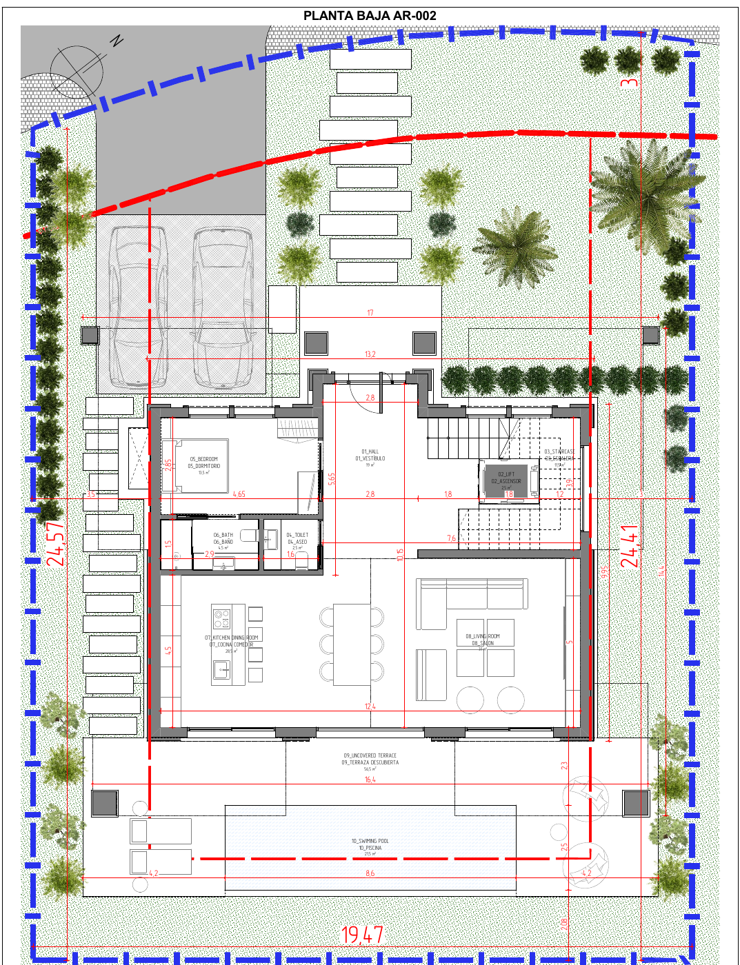 Generel stueplanstegning AR-002 for LE MONTE: to parkeringspladser, have, entré, trappe og elevator, soveværelse, badeværelse og separat toilet, åbent køkken med spiseplads, stue, terrasse og pool. Eksemplet er ikke knyttet til en bestemt tilgængelig bolig.