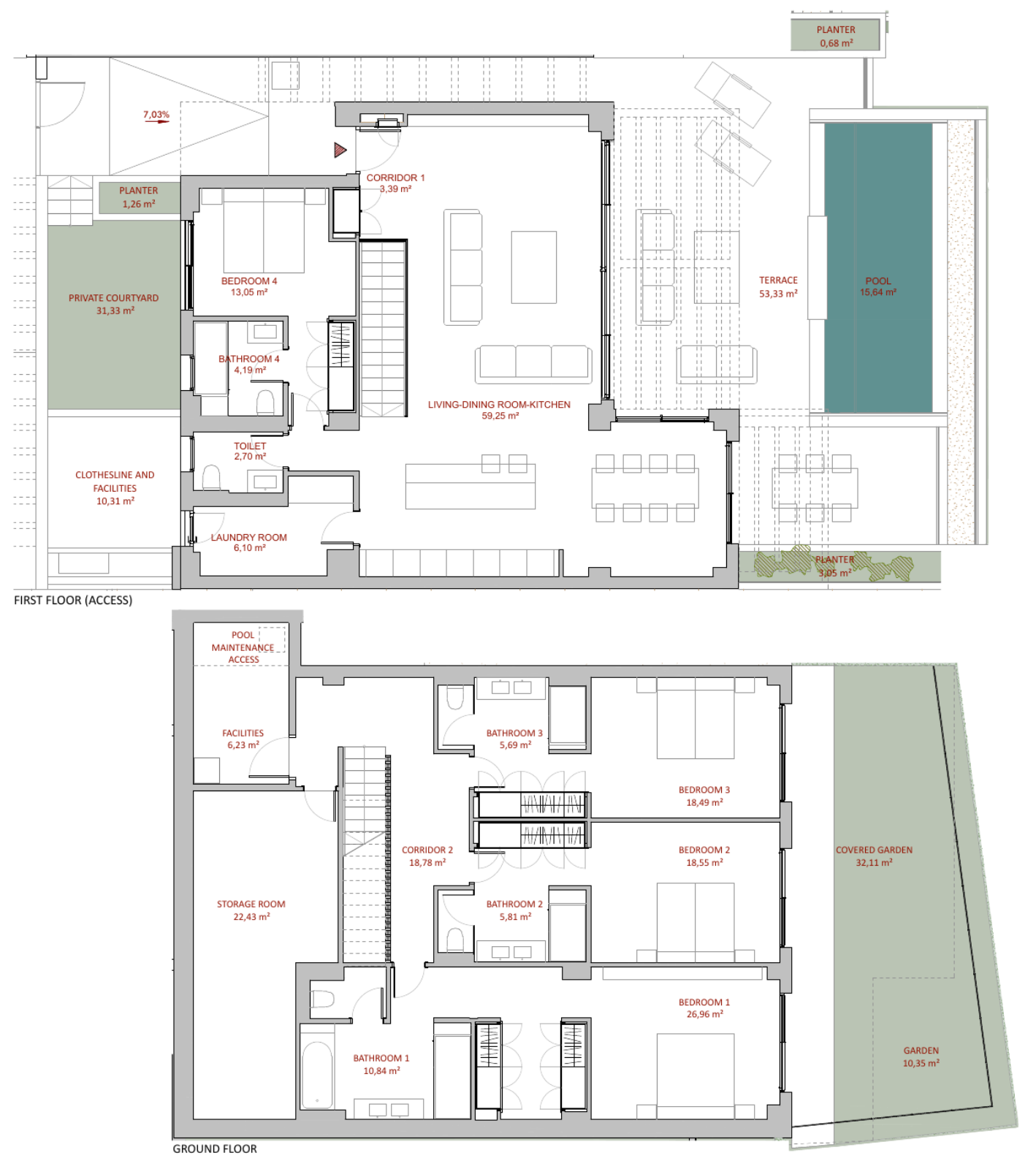 Tegning af villa 5 i MOANA på to niveauer: indgangsplanet viser åben stue og køkken, soveværelse med badeværelse, toilet, vaskerum, gårdhave, terrasse og pool. Nedenunder ligger tre soveværelser med egne badeværelser, opbevaringsrum, teknikrum og have.