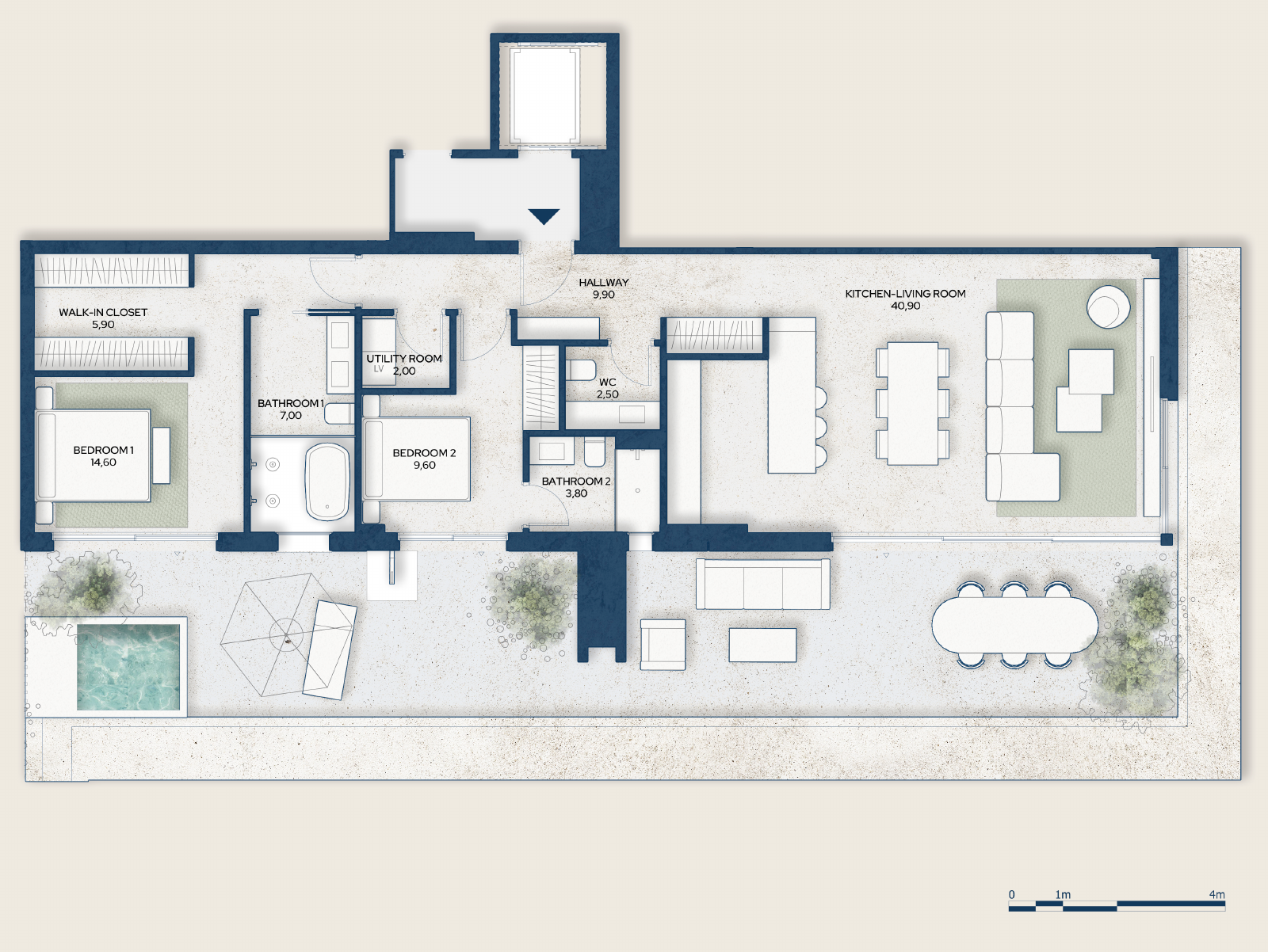 Boligtegning for 211 A i MOSHER COLLECTION: to soveværelser, to badeværelser, separat toilet, walk-in-garderobe og bryggers. Åben stue og køkken støder op til en bred terrasse med indtegnet spiseplads, siddegruppe og lille pool.
