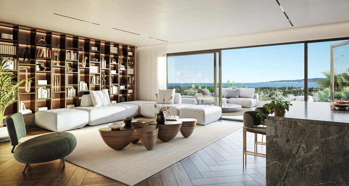 ROYAL RIVER: stue med gulv-til-loft-glaspartier. Visualisering.