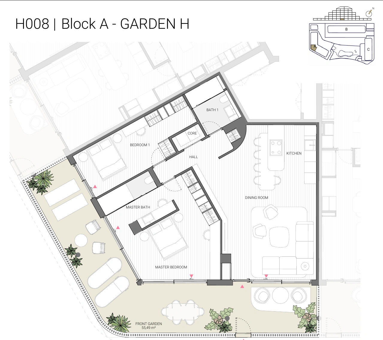 NAVEN: lejlighed H008 i blok A, stueetage, med to soveværelser, to badeværelser og et udendørs-/haveareal.
