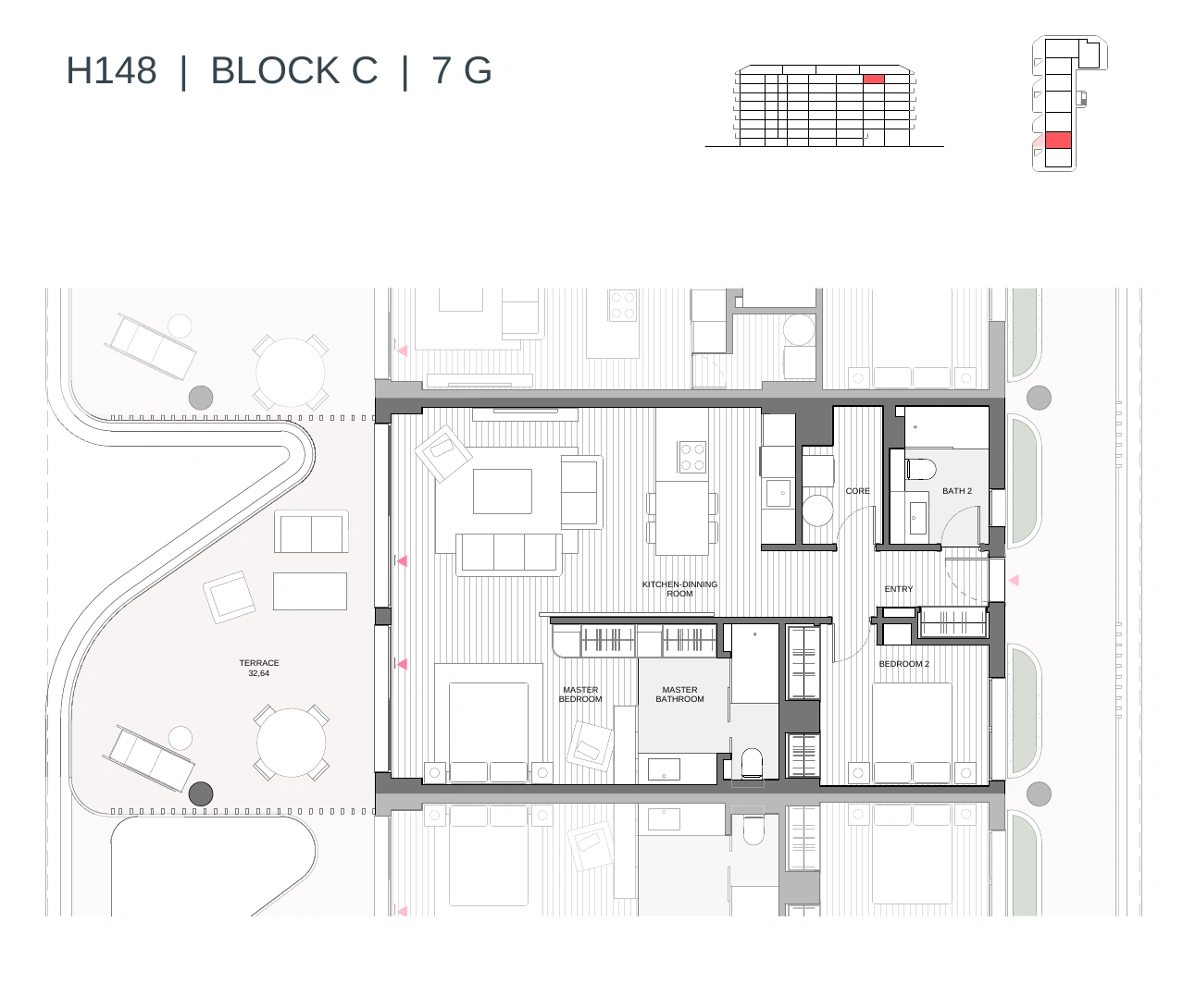 VANGARD PHASE II: lejlighed H148, blok C, syvende etage, med to soveværelser, to badeværelser og en terrasse.