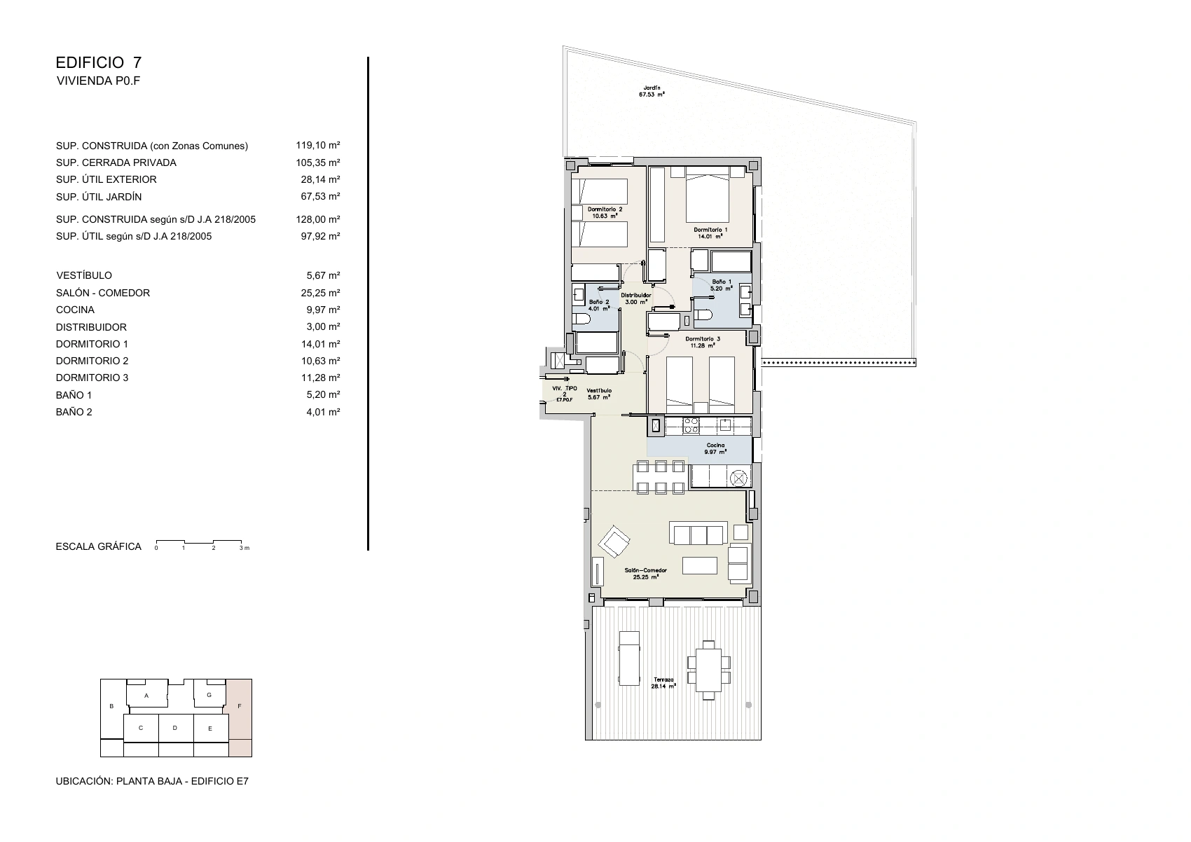 CAMARATE HILLS PHASE III: lejlighed E7.1.P0.F i Edificio 7, etage 0, med tre soveværelser, to badeværelser, terrasse og separat have.