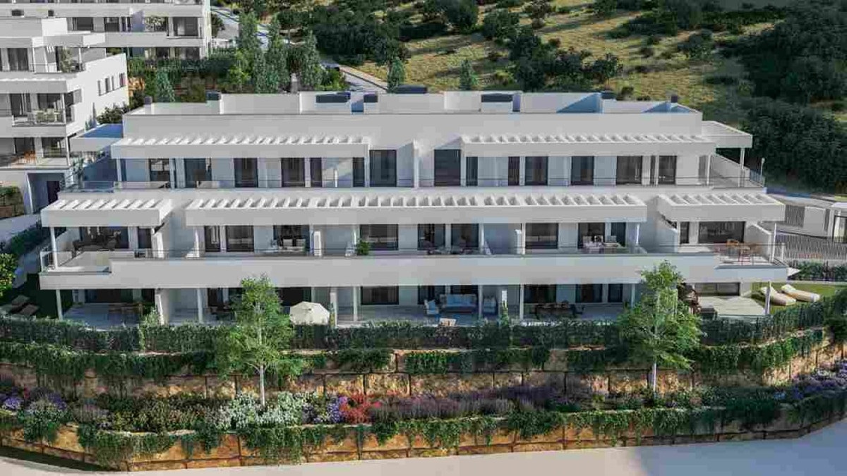 CAMARATE HILLS IV: trindelt facade med beplantede haver. Visualisering.