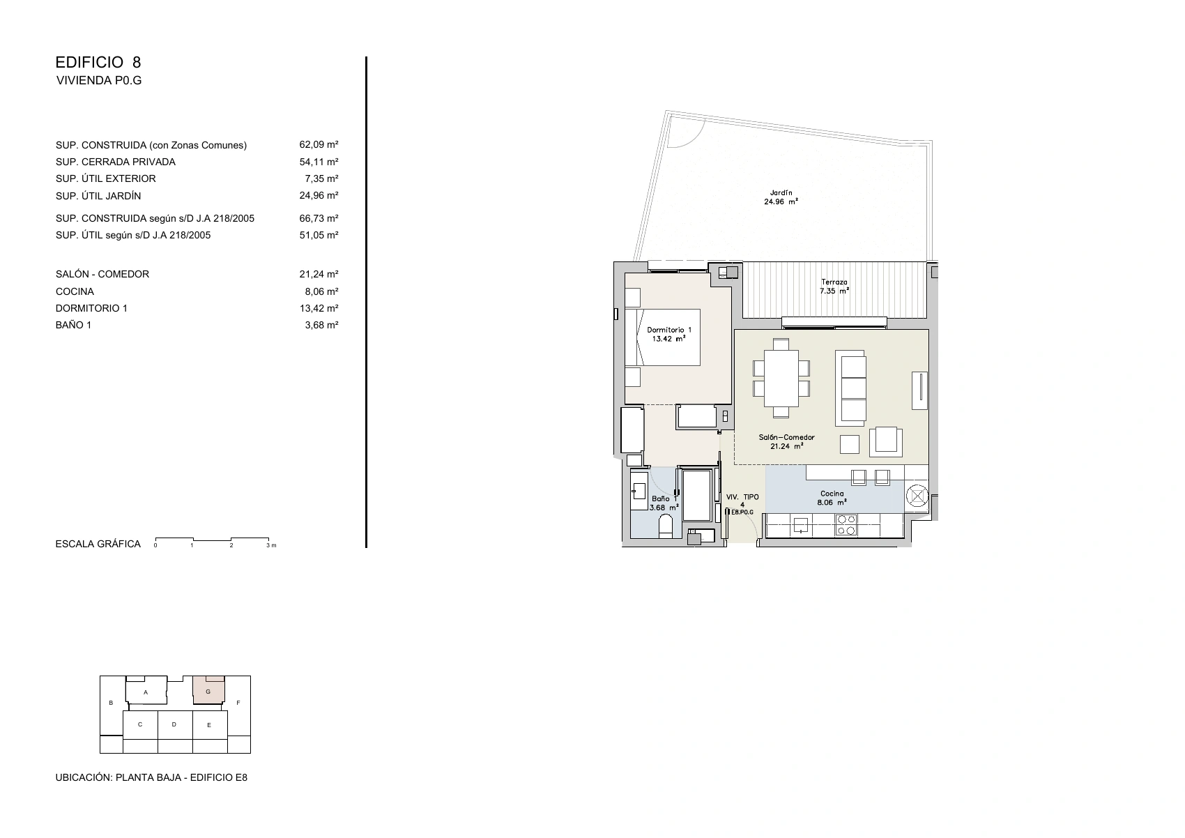 CAMARATE HILLS PHASE IV: E8.1.P0.G i Edificio 8, stueetagen, med ét soveværelse, ét badeværelse, terrasse og have.