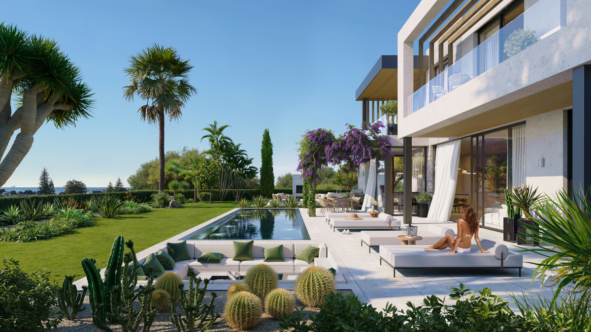 Projektvisualisering af sidefacaden med overdækket terrasse, liggestole, pool på et lavere niveau og græsplæne med beplantning.