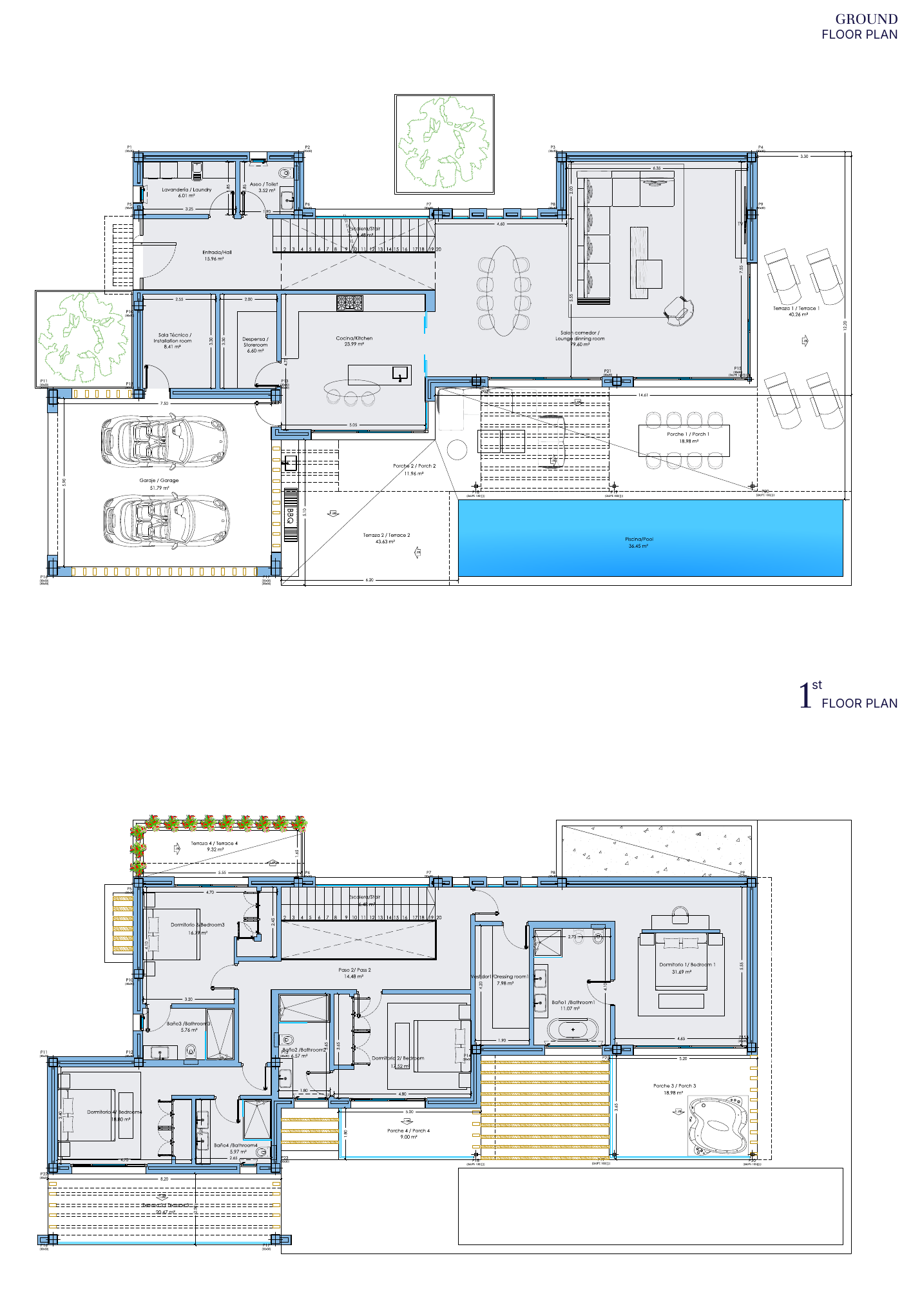 To etager i den fælles tegning for Mistral, Solano og Poniente i OCEAN 11. Øverst vises stueplanet med stue, spiseplads, køkken, vaskerum, toilet, opbevaringsrum, garage, verandaer, terrasser og pool. Nederst vises førstesalen med fire soveværelser, fire badeværelser og udearealer. Villa Poniente er det omtalte eksempel; forskellene mellem brochuren og prislisten forklares.