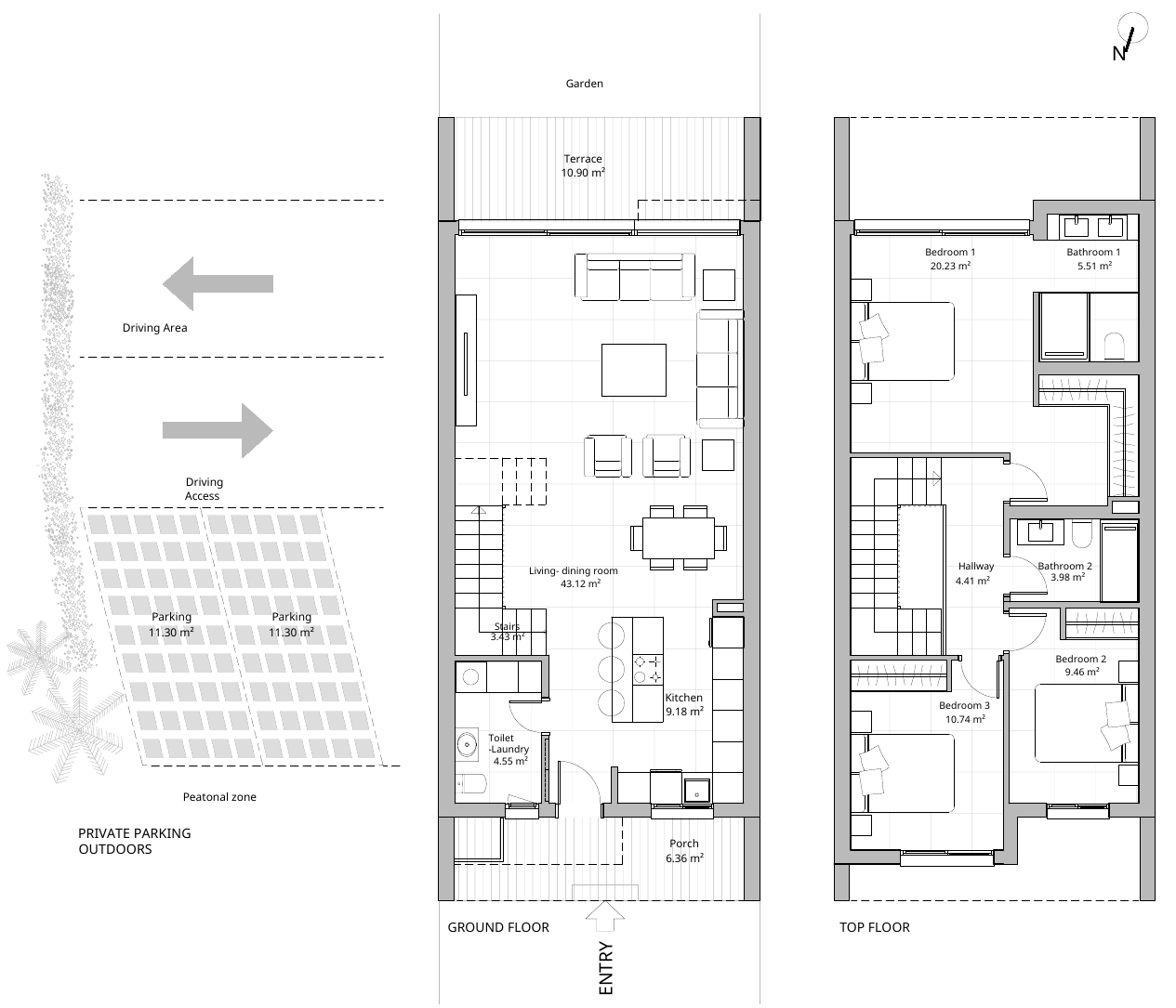 Tegningsudsnit B15 i PINE VALLEY VILLAS FASE III: to parkeringspladser til venstre; i midten stueplanet med åben stue og køkken, toilet/vaskerum, veranda og terrasse ved haven; til højre overetagen med tre soveværelser og to badeværelser.