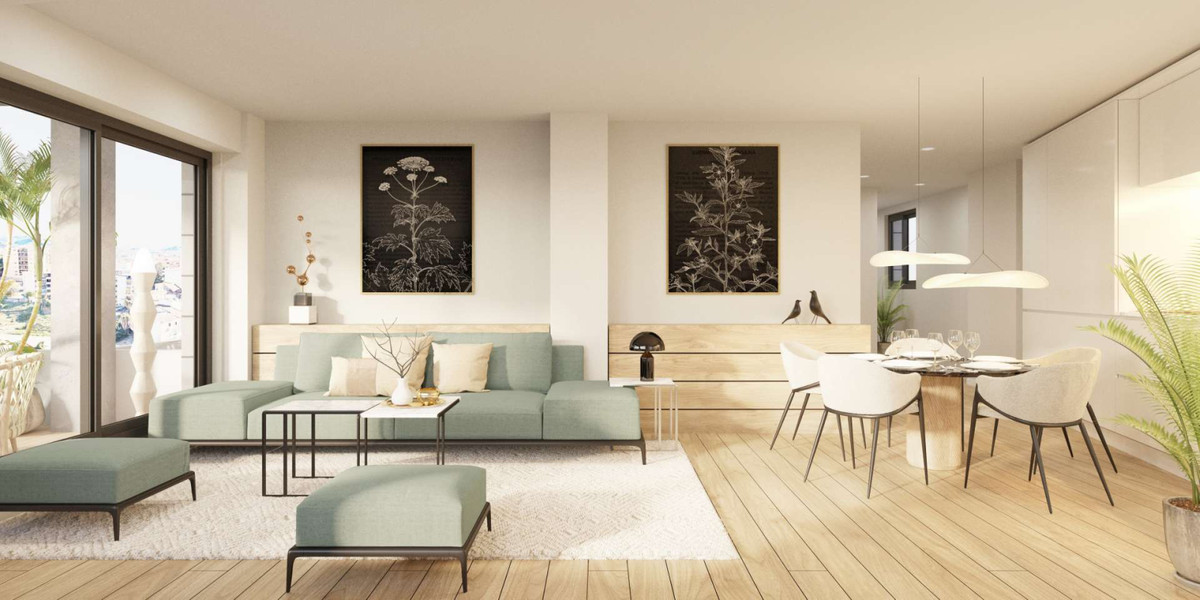 Stuevisualisering ved PORTAMARE med lysegrøn sofa, matchende fodskamler, rundt spisebord og store glasdøre til det fri.