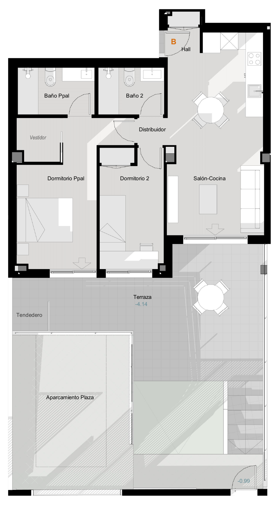 Plantegningsudsnit for V0.2 med to soveværelser, to badeværelser, stue med åbent køkken, terrasse og et separat indtegnet parkeringsareal.