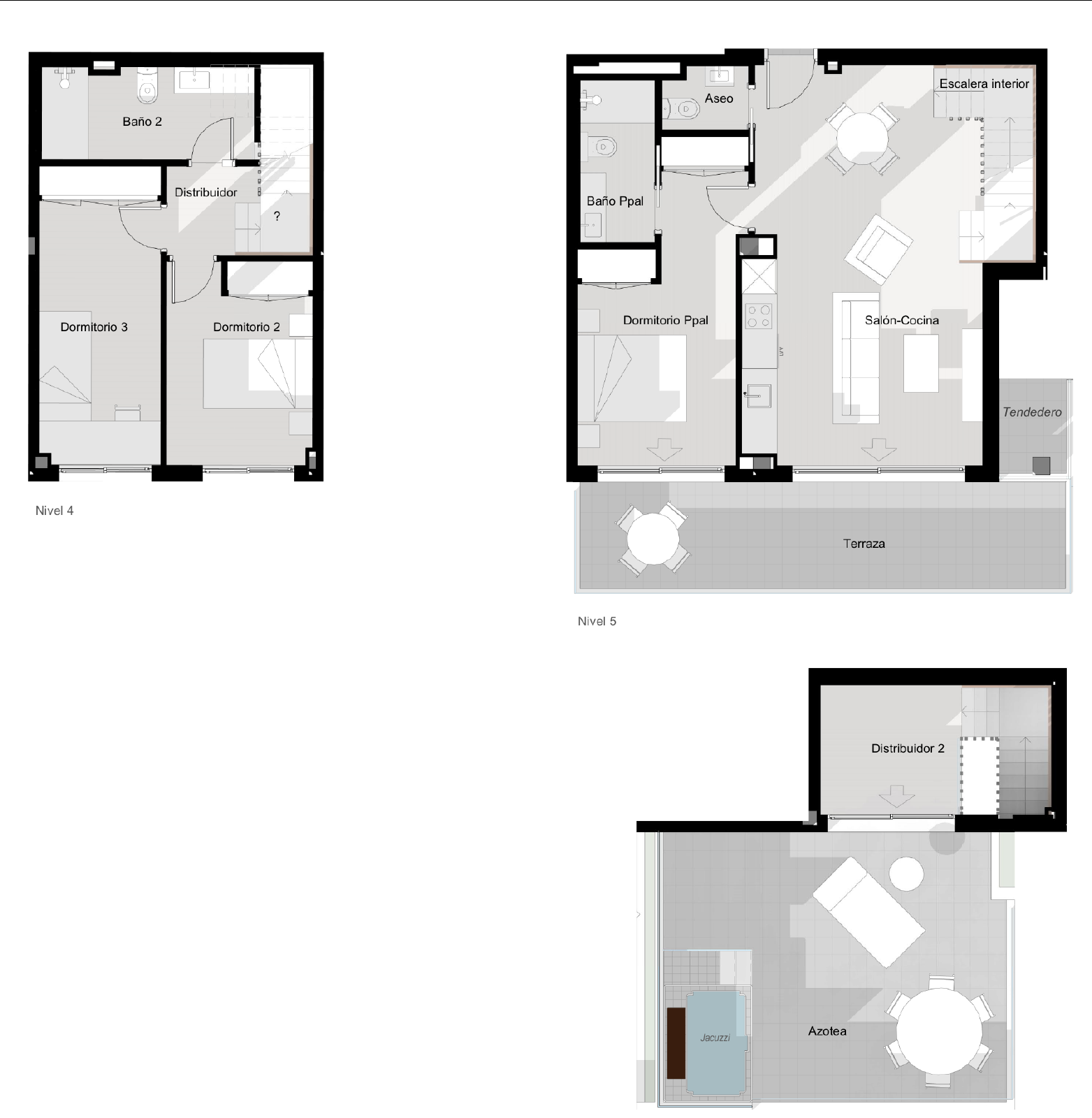 Plantegningsudsnit for V5.3 med soveværelser og opholdsrum på forskellige niveauer, indvendige trapper, terrasse og tagterrasse.