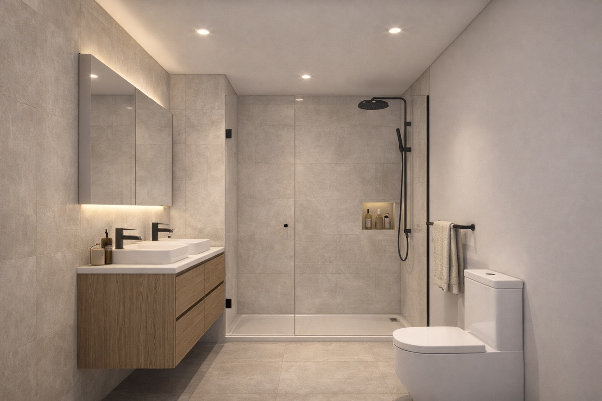 Visualisering af et badeværelse i SAN SALVADOR 31 med dobbelt håndvask, walk-in bruser og toilet.