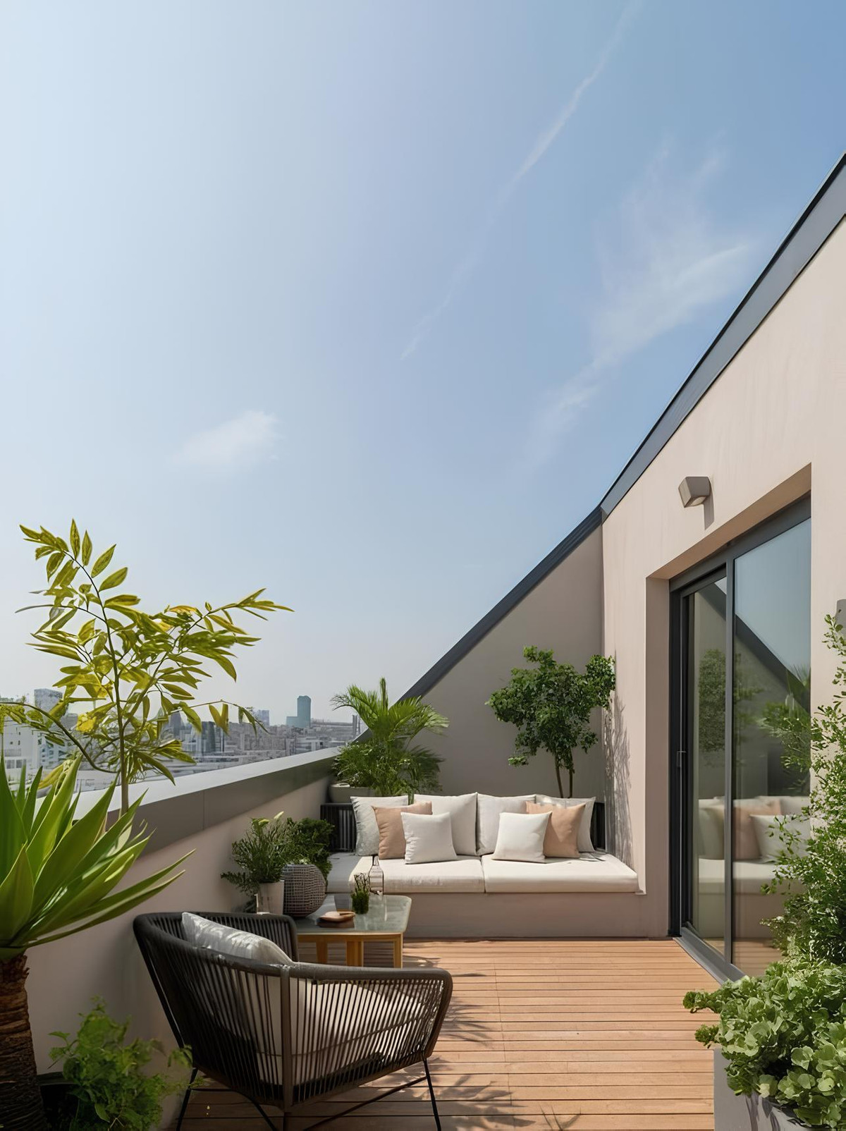 Visualisering af en terrasse ved SAN SALVADOR 31 med trægulv, møbler og planter; ikke bevis på udsigt fra en specifik bolig.