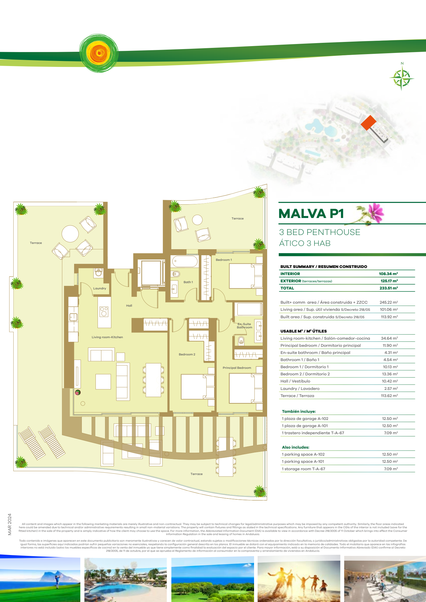 MALVA P1: penthouseplan med tre soveværelser, to badeværelser, åben stue med køkken, vaskerum og terrasse omkring boligen. Tegningen viser også placering og separate arealtabeller.