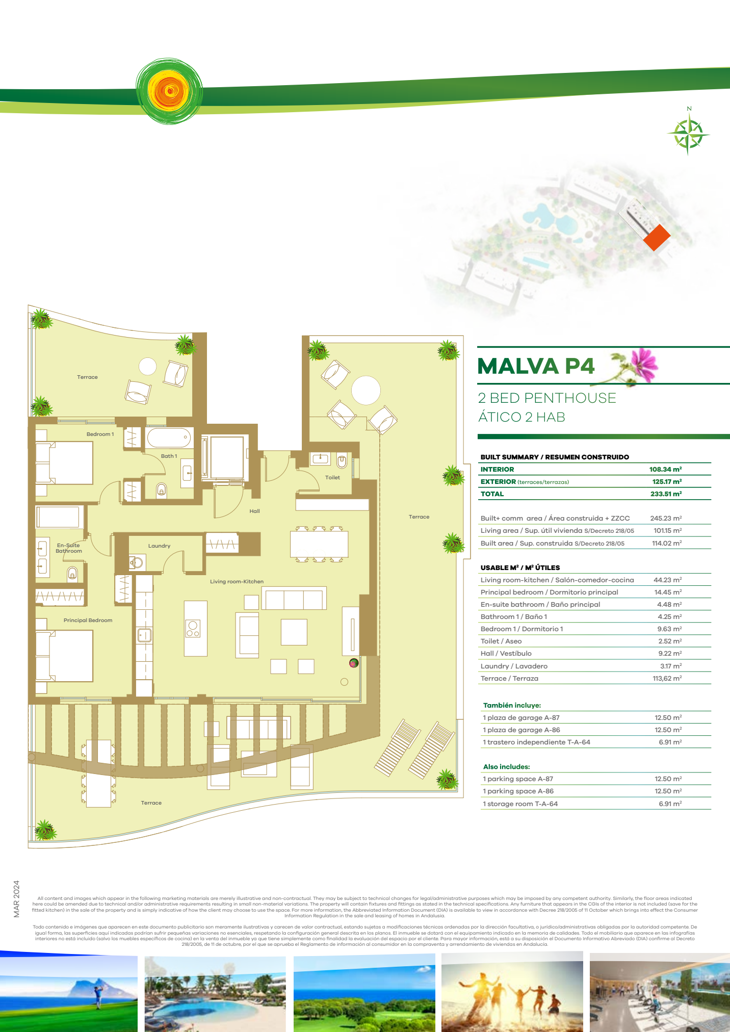 MALVA P4: penthouseplan med to soveværelser, to badeværelser, separat toilet, åben stue med køkken, vaskerum og terrasse omkring boligen. Placering og oprindelige arealtabeller er synlige.
