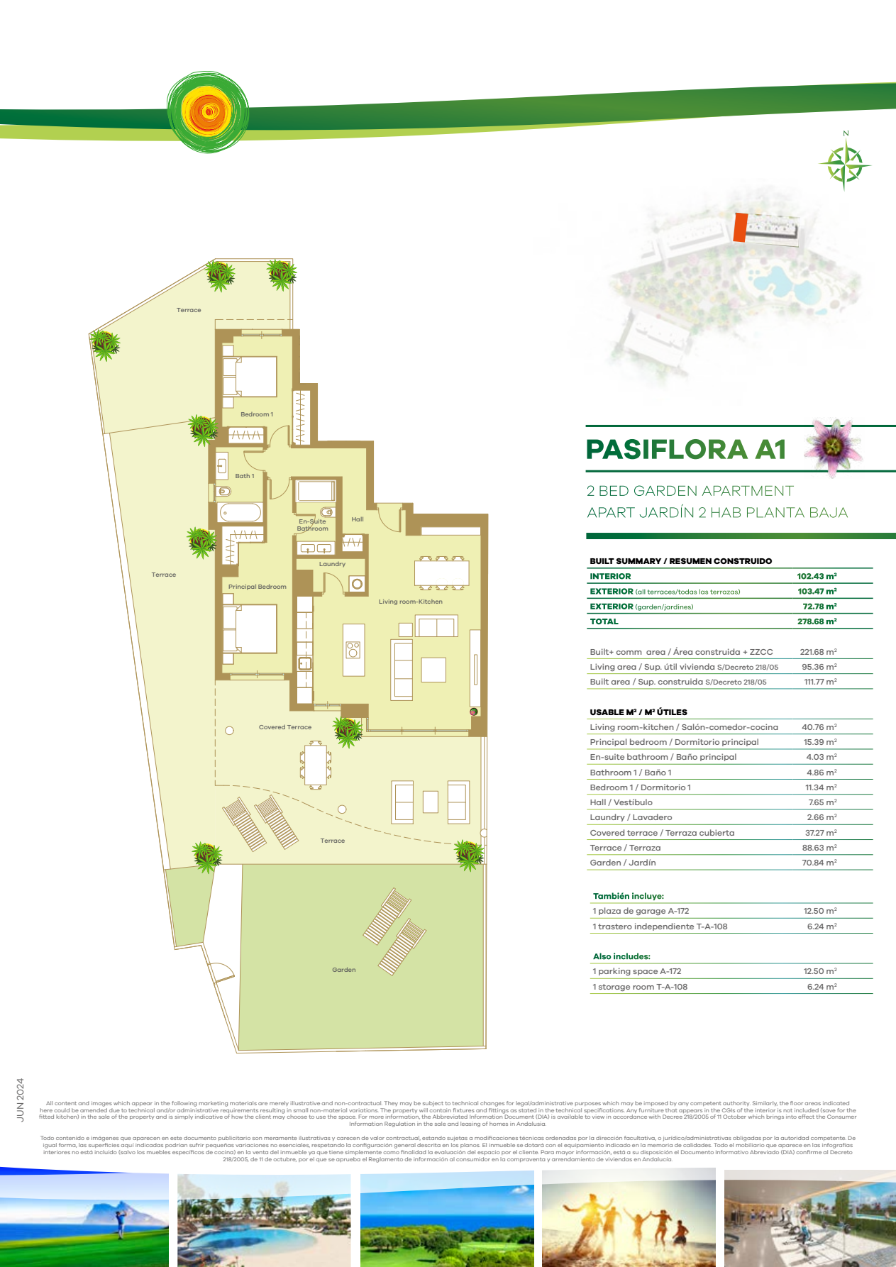 PASIFLORA A1: plantegning med to soveværelser, to badeværelser, åben stue med køkken, vaskerum, terrasse omkring boligen og separat have. Placering og forskellige arealtabeller vises ved siden af tegningen.