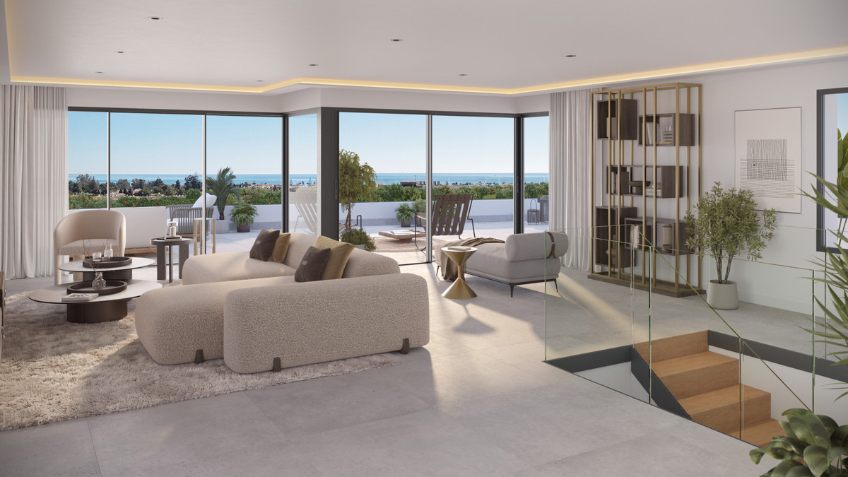 Visualisering af en stue med beige sofa, tilstødende spiseplads og høje glasdøre mod terrassen; møbler og indretning illustrerer designet uden at bekræfte inkluderet inventar.