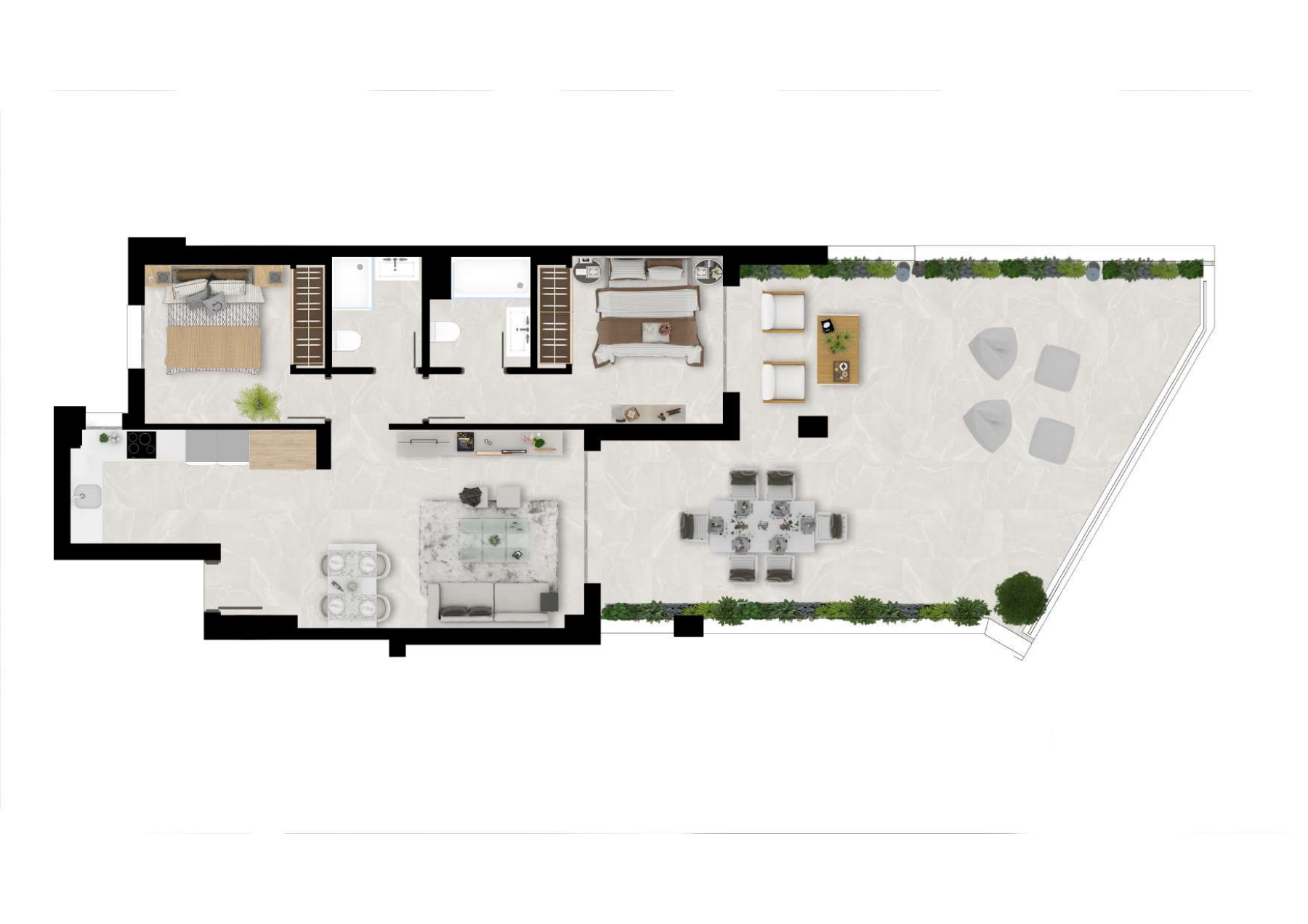 Eksempel med to soveværelser og to badeværelser øverst, åbent køkken og stue nederst til venstre og bred terrasse med spisebord og siddepladser til højre.