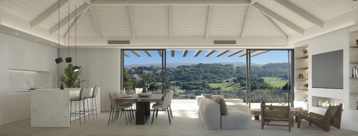 Illustration af et lyst køkken, spisebord og siddegruppe under et højt hvidt loft med synlige bjælker; et bredt glasparti åbner mod terrasse og grønt landskab.