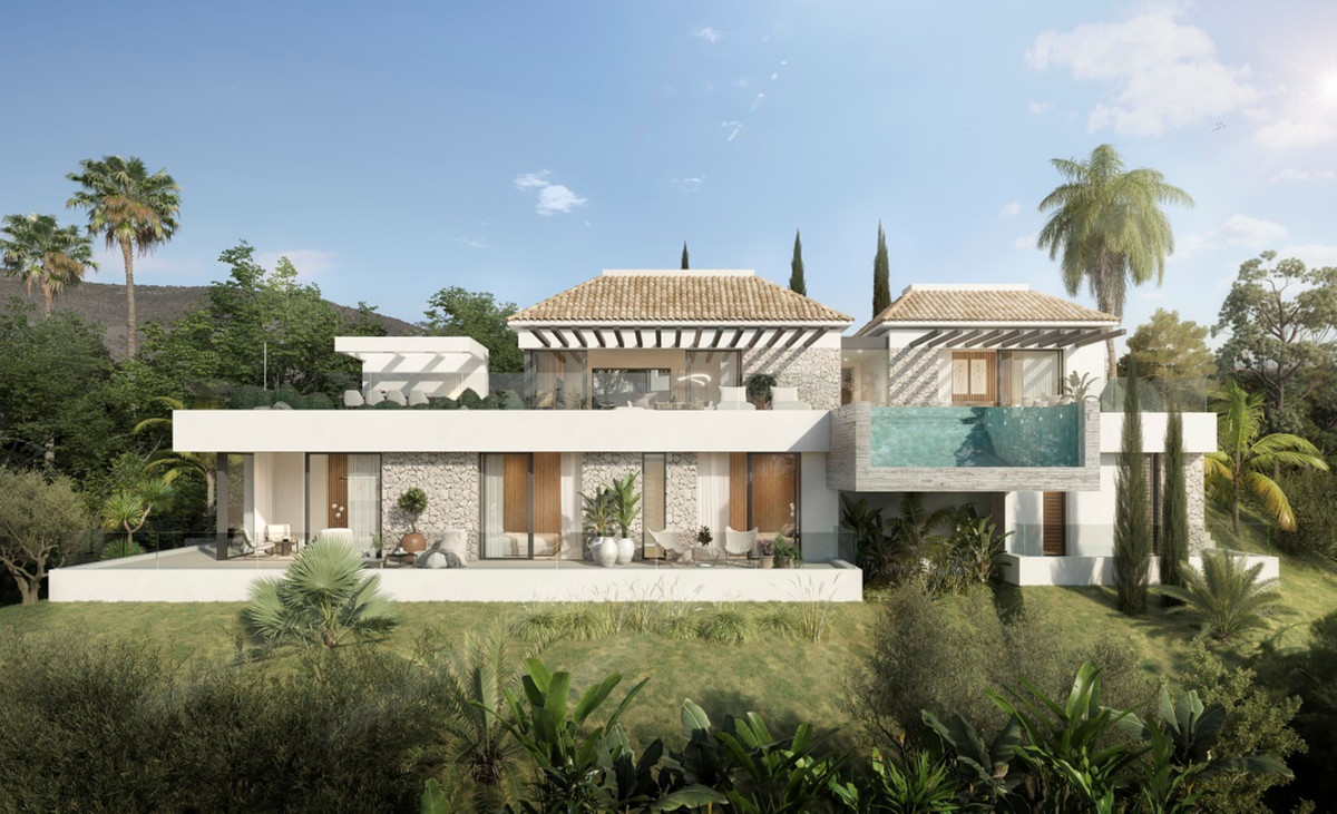 Dagslysvisualisering af to forskudte etager med pergola, hvide og stenbeklædte facadeflader, udkraget pool til højre og beplantning langs forsiden.