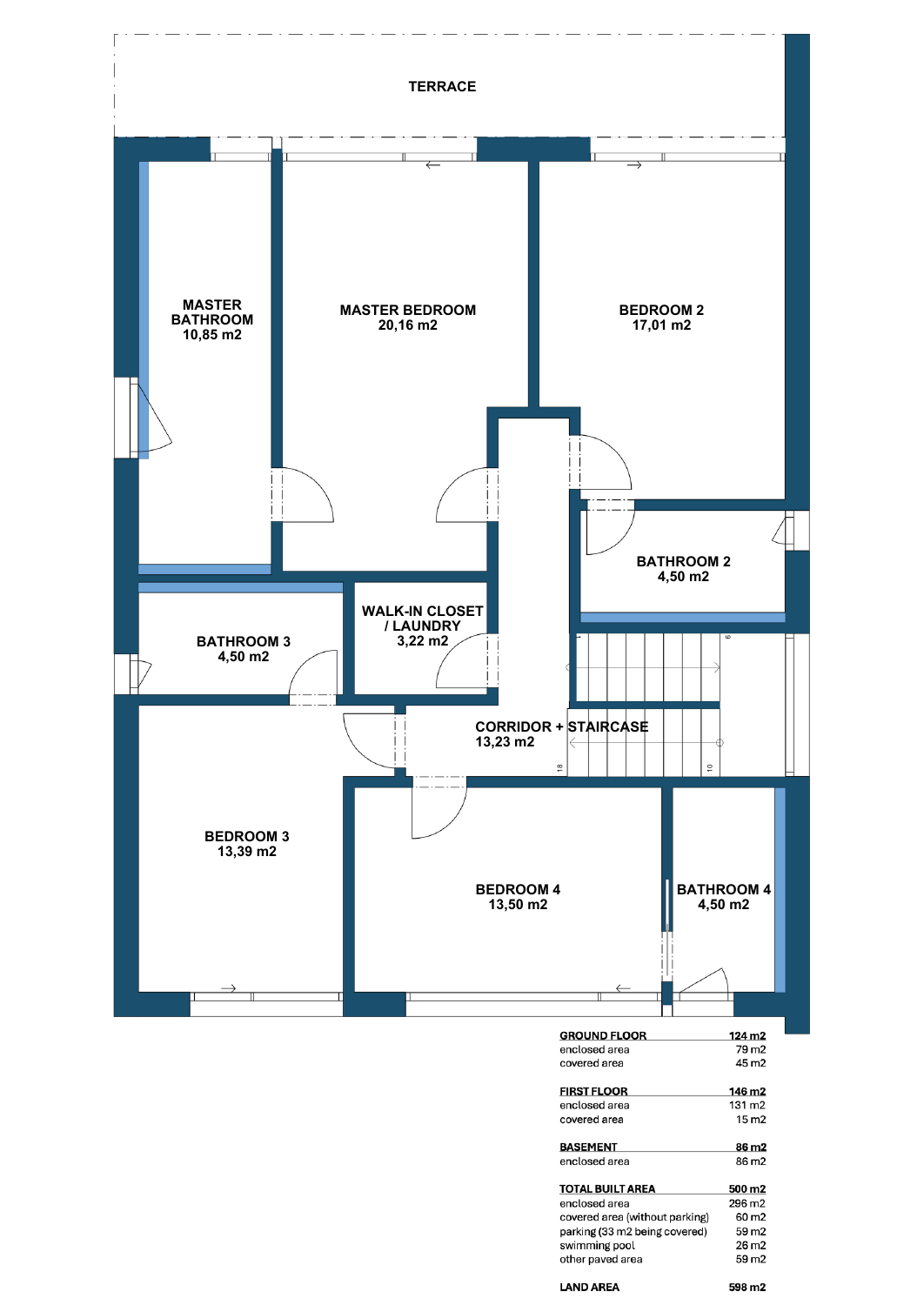 Plantegning af første sal i VILLA C SAN PEDRO med fire soveværelser, fire badeværelser, terrasse, gang og trappe samt et rum mærket garderobe/vaskerum. Den fulde arealoversigt står under tegningen. Arket viser kun første sal; oversigten omfatter også andre dele af villaen.