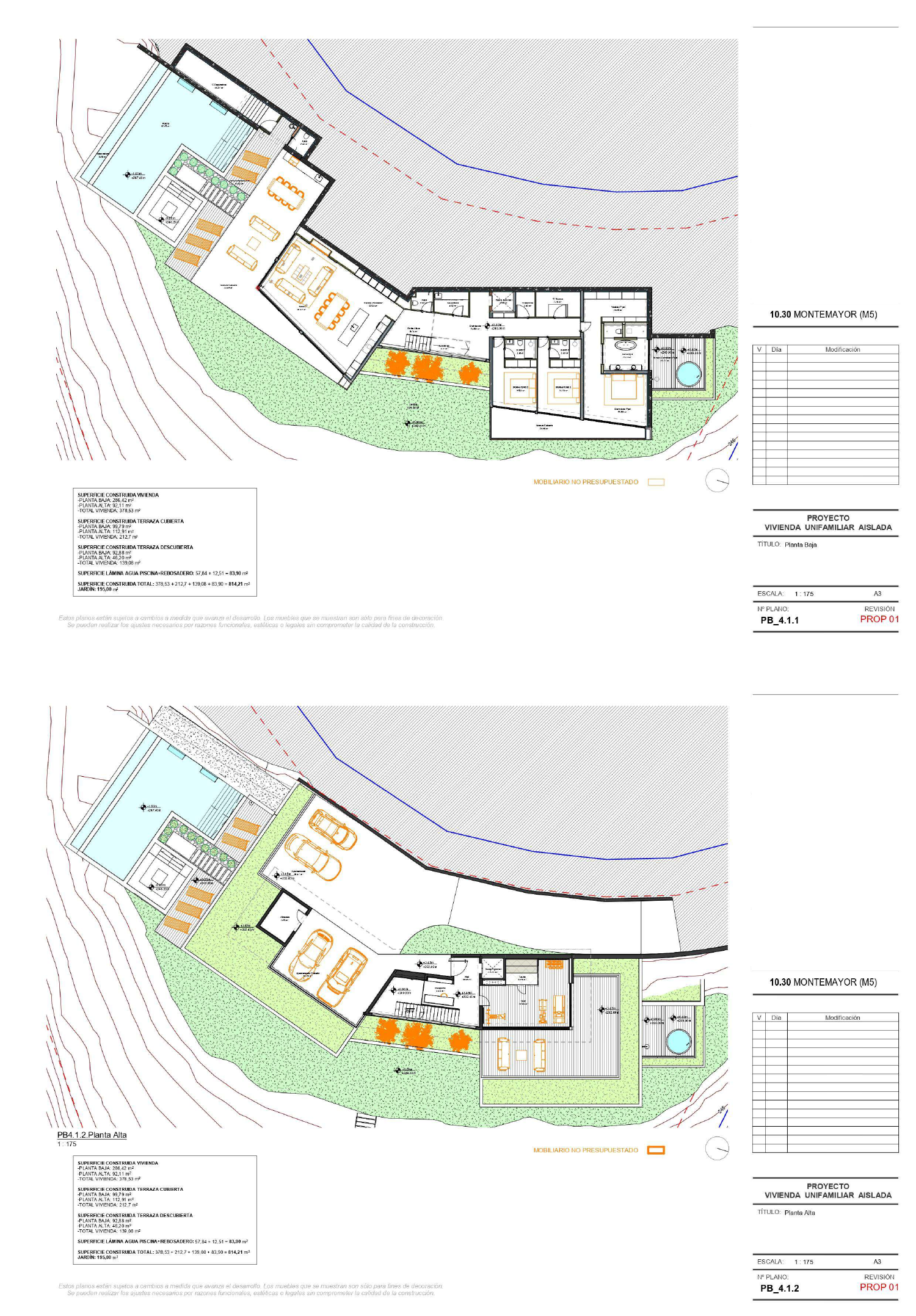 Plantegninger for designmulighed B i VILLA VALENTINA M5. Den første tegning viser stue, spiseplads, køkken og tre soveværelser på nederste niveau samt terrasser, have og pool. Den anden viser indgang, parkering, kontor og fitnessrum på øverste niveau. Trappe, elevator og den oprindelige tegnforklaring er synlige. Dette er mulighed B, ikke mulighed A.