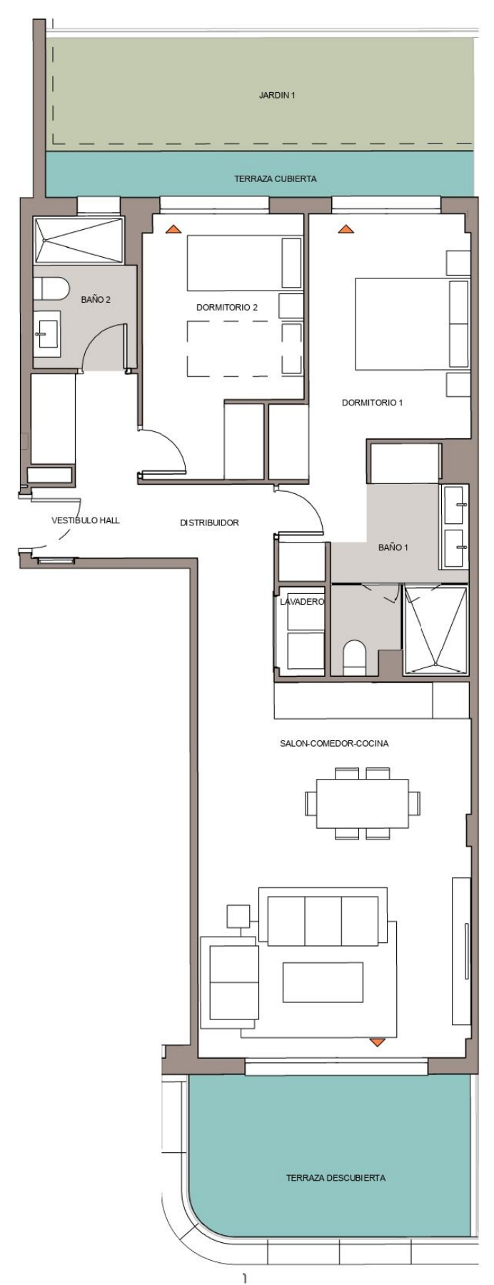 Boligtegning for opgang 2, 2A i VISSION HILLS II: to soveværelser, to badeværelser, vaskerum og åben stue med køkken. Ved soveværelserne ligger overdækket terrasse og have; ved stuen ligger en åben terrasse.