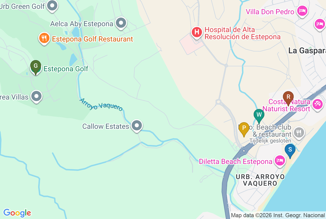Google-kort med pins for THE PALMS AT ESTEPONA, strand, restaurant, butik og golf