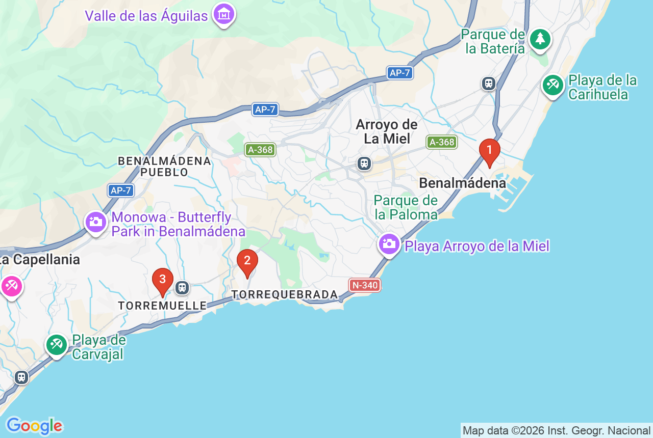 Carte Google avec trois rep&egrave;res de projet &agrave; Benalm&aacute;dena