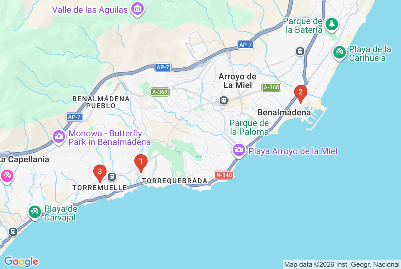Google map with three project pins in Benalm&aacute;dena