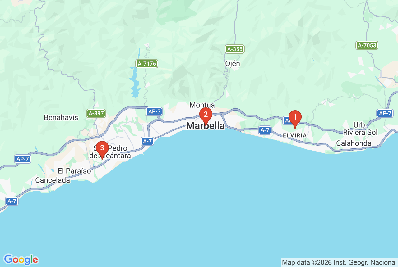 Google map with three project pins in Marbella