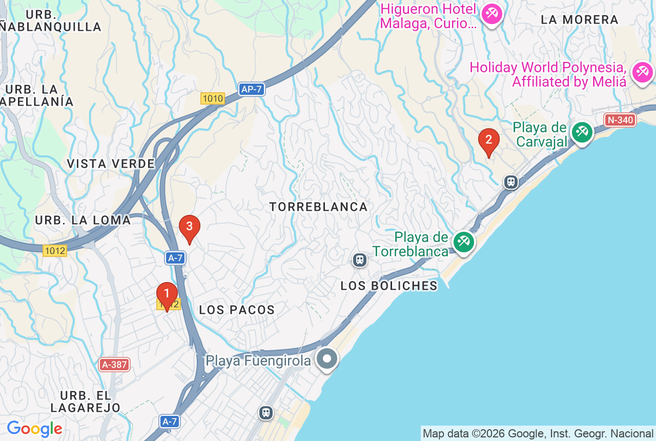 Google map of Fuengirola with three numbered project points: 1 Astra, 2 Higuerón, 3 Luminal