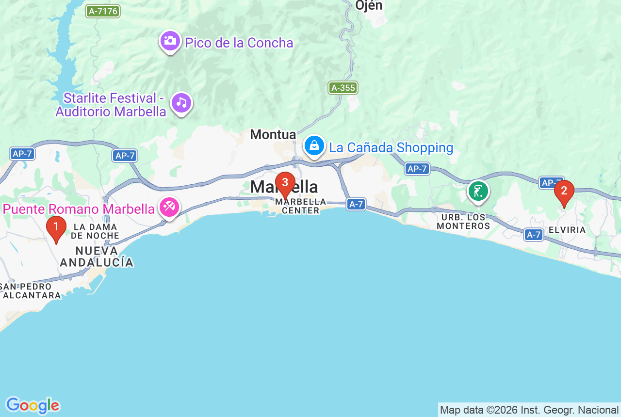Google map with three project pins in Marbella