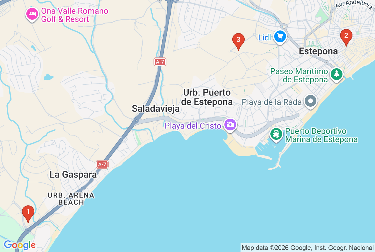 Google map with three project pins in Estepona