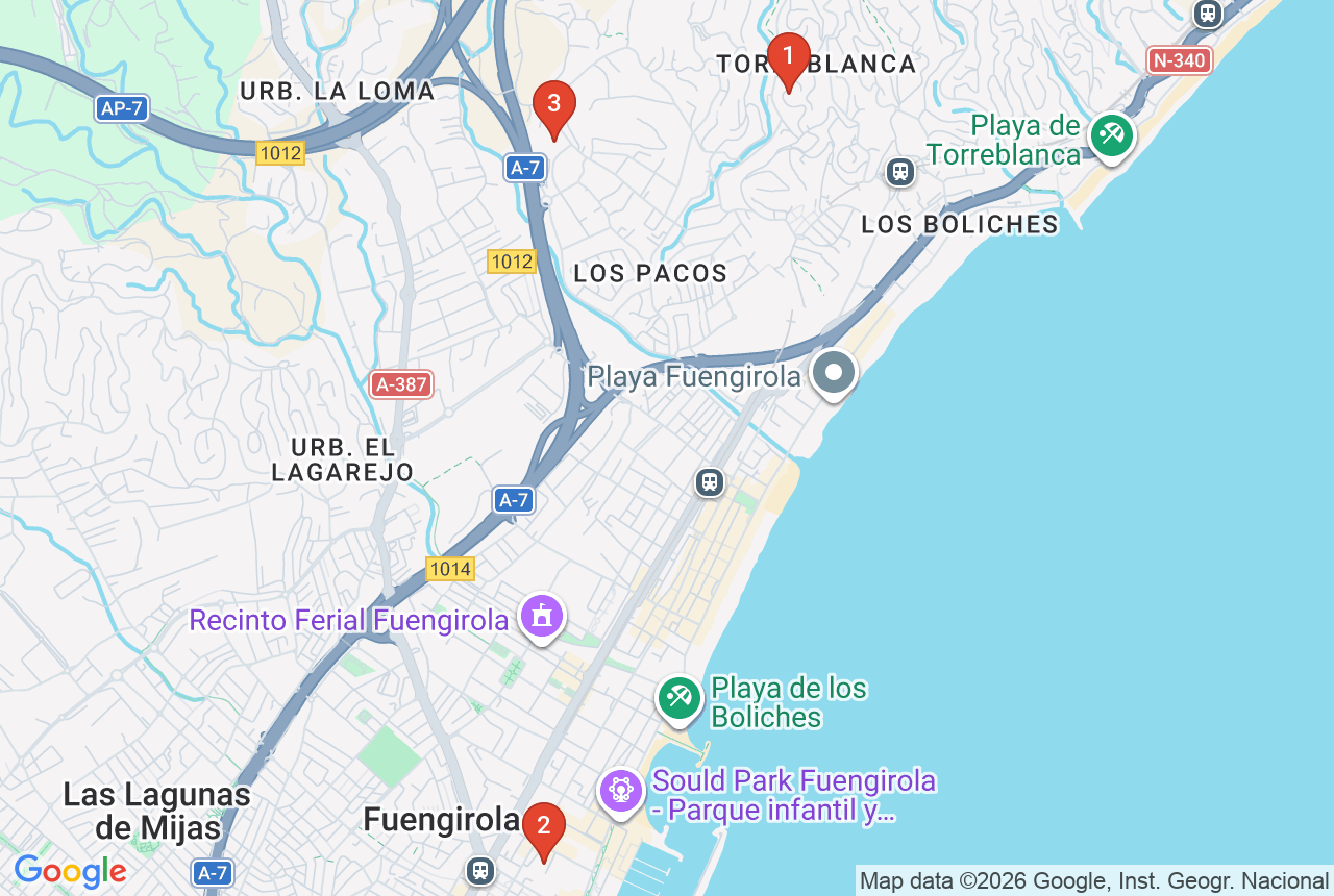 Google map with three project pins in Fuengirola
