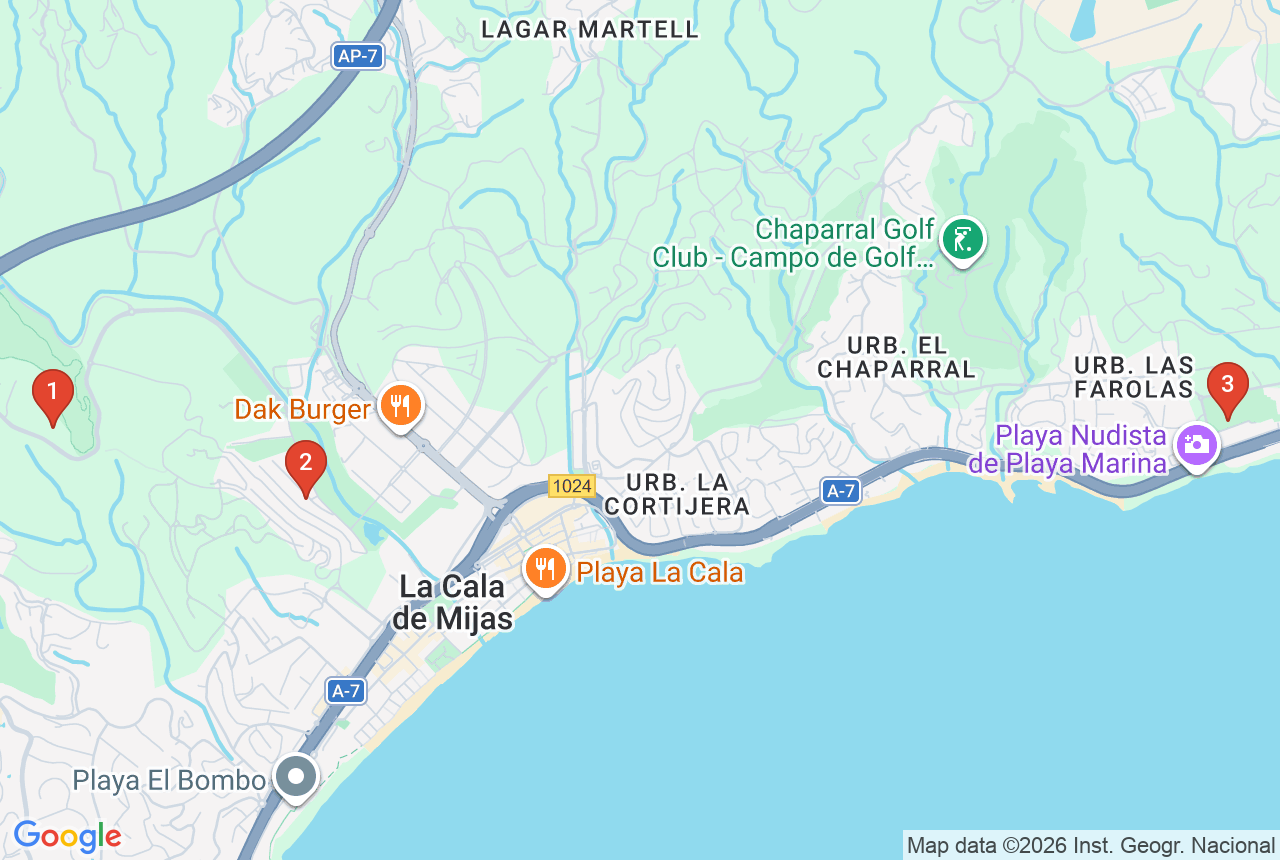 Google map with three project pins in La Cala de Mijas