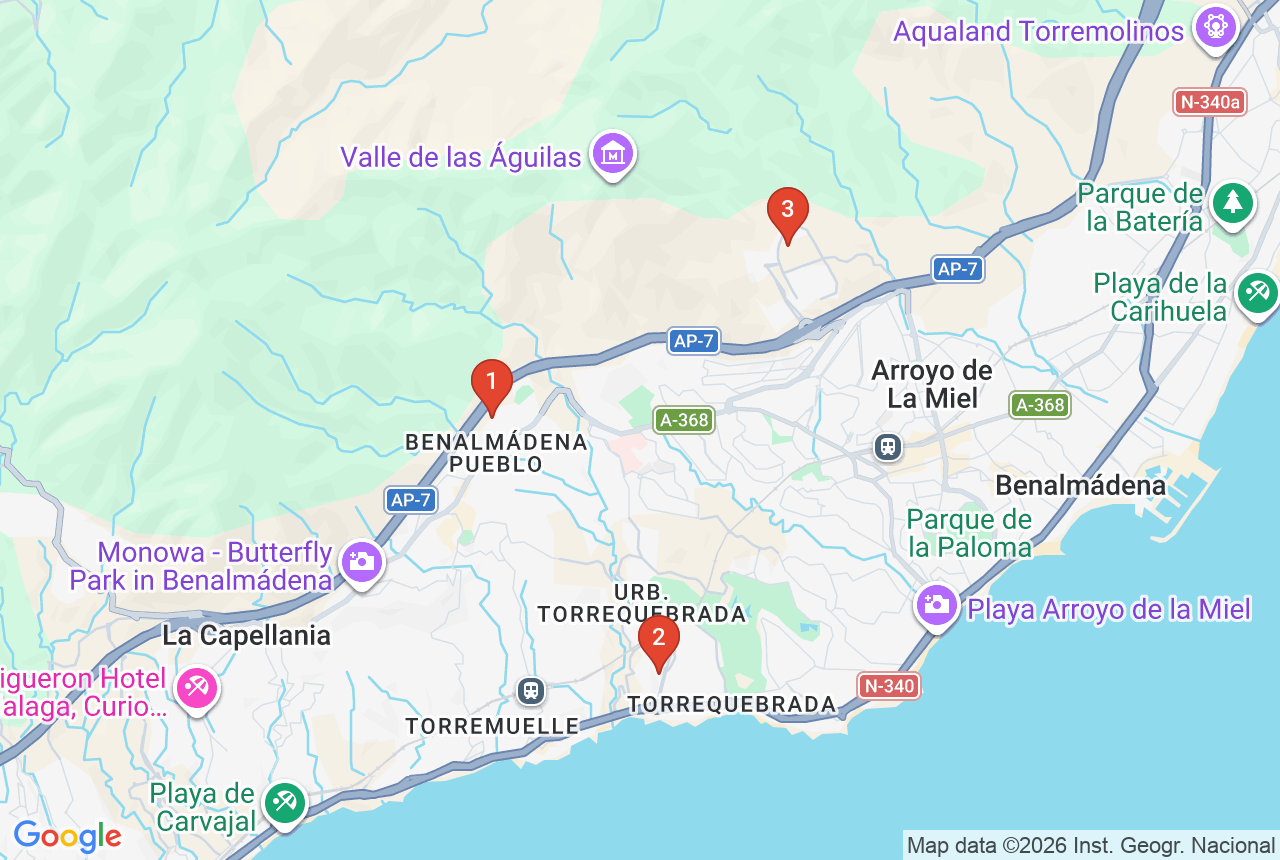 Google map with three project pins in Benalm&aacute;dena