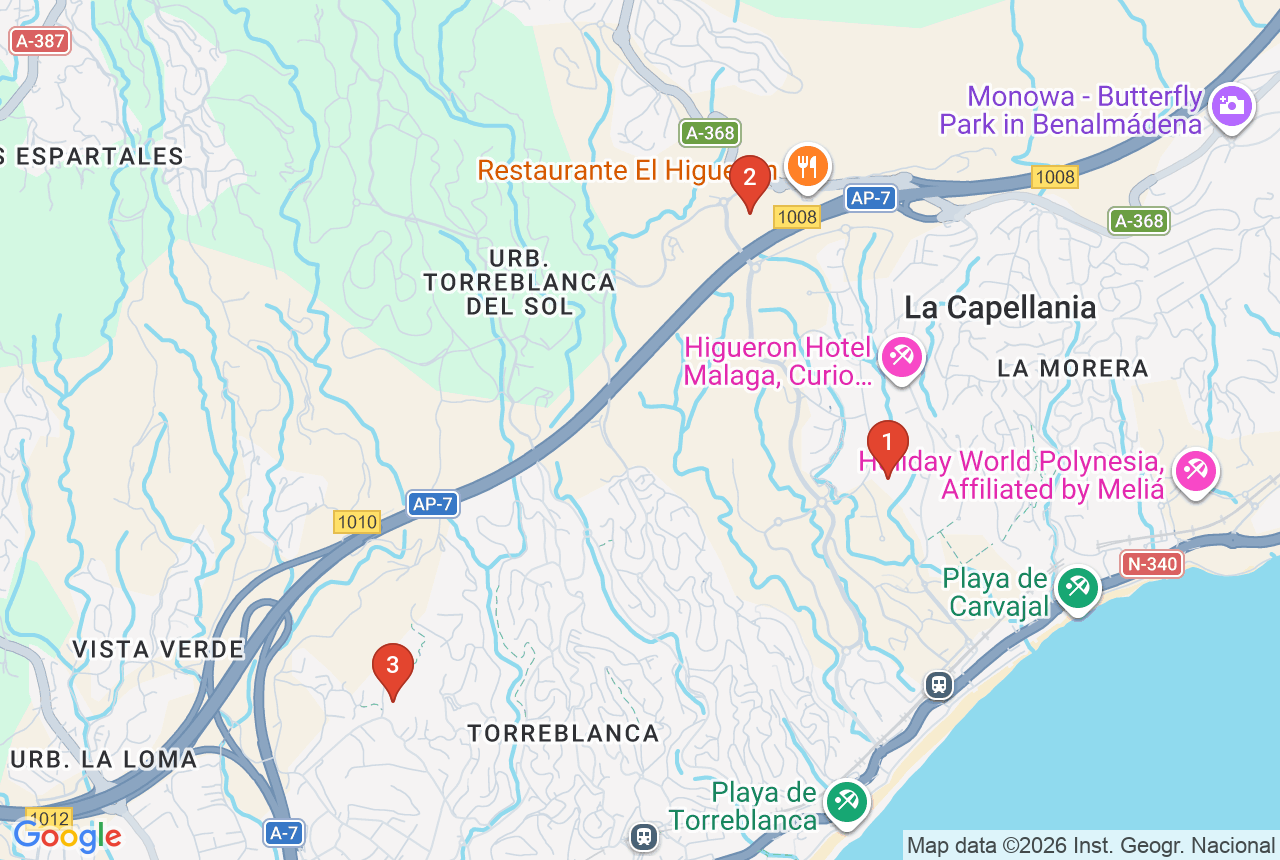 Google map with three project pins in Fuengirola
