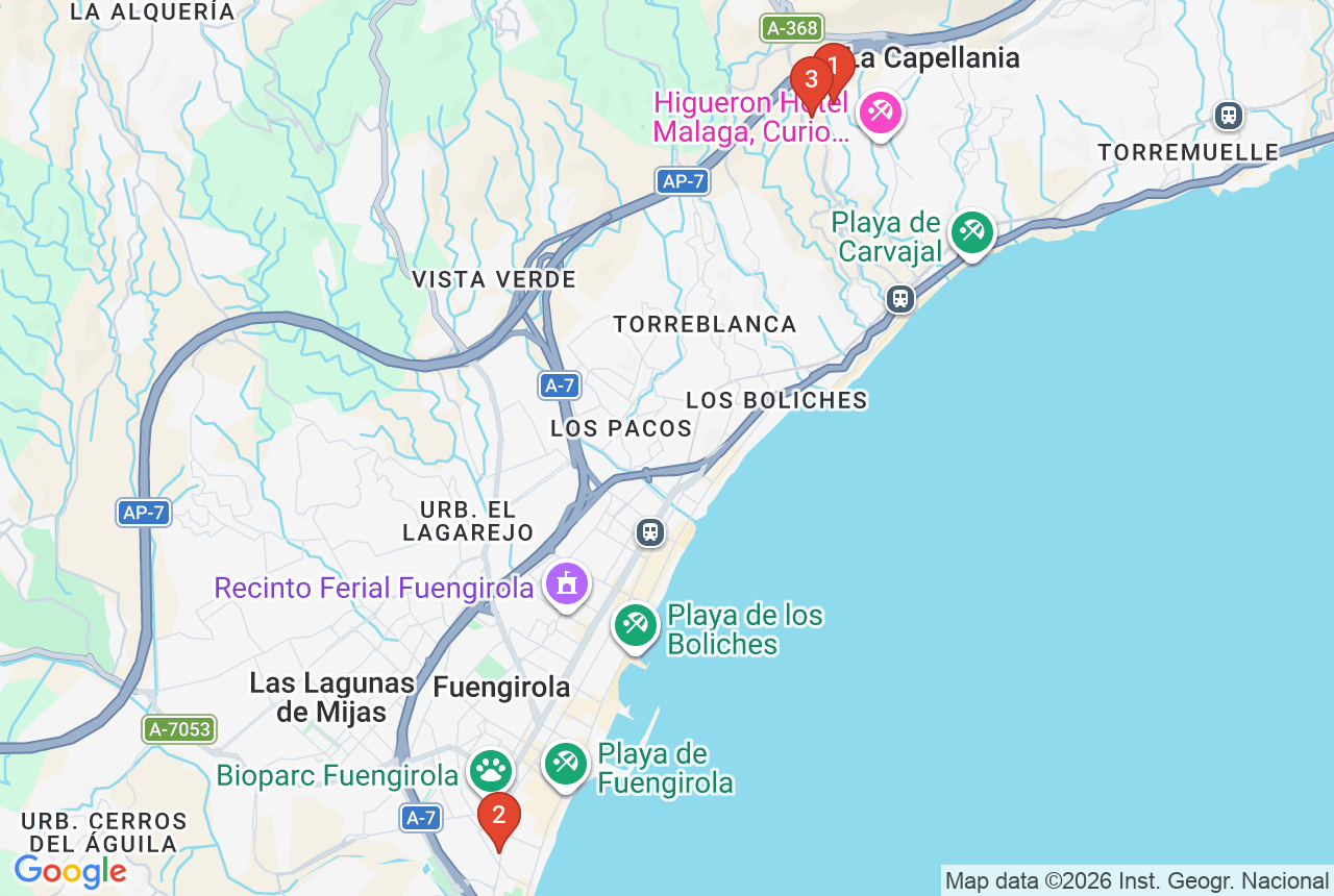 Google map with three project pins in Fuengirola