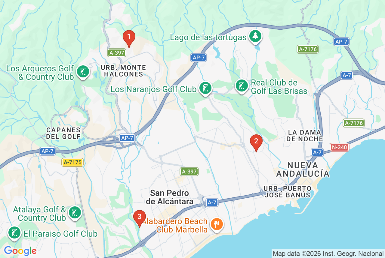 Google-kartta kolmella projektinastalla Marbellassa
