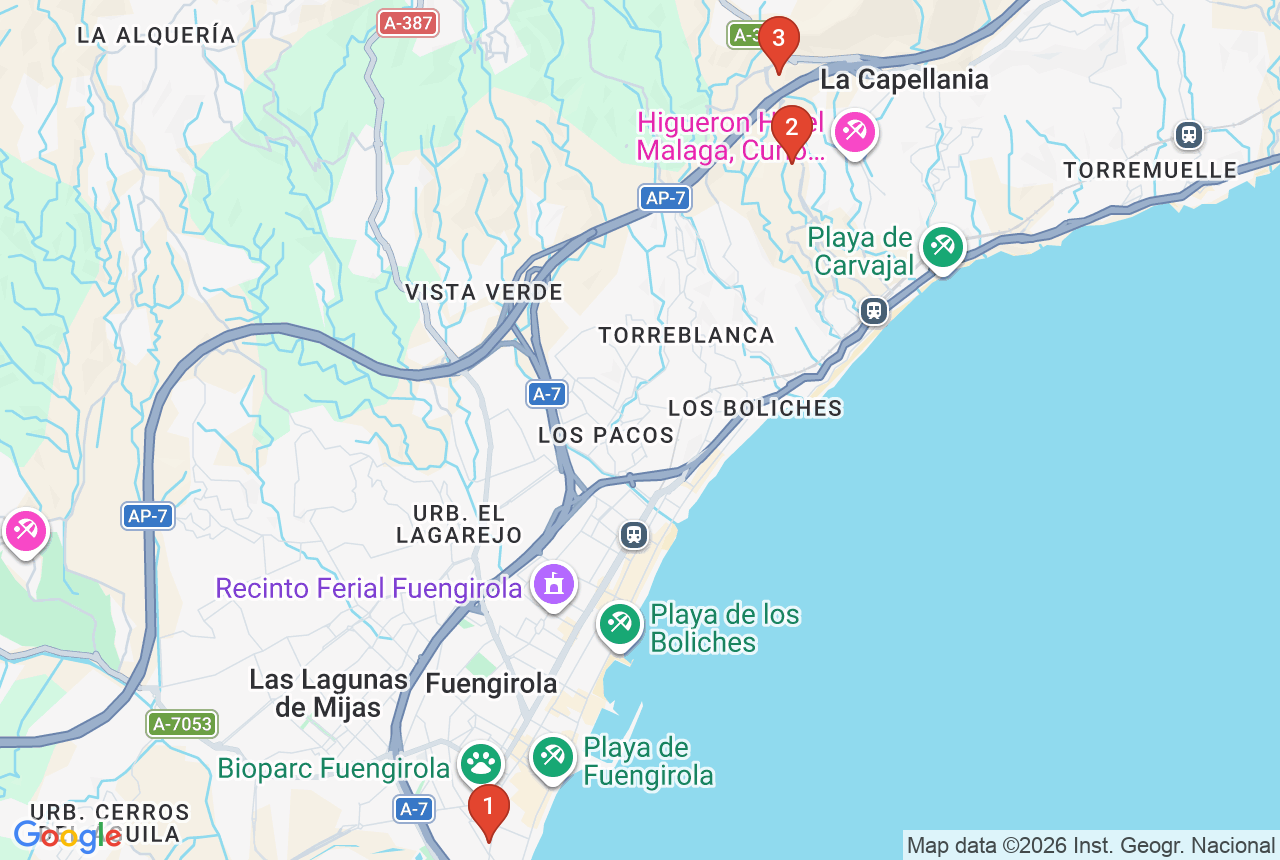 Google map with three project pins in Fuengirola