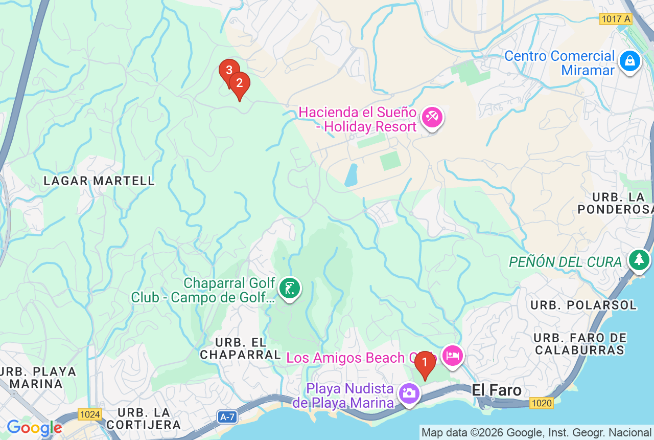 Google map with three project pins in Mijas