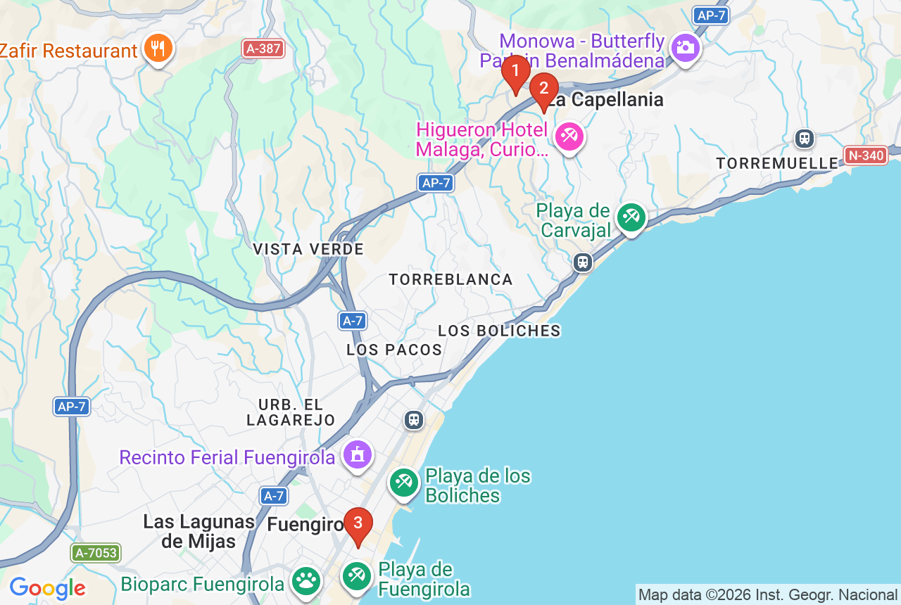Google map with three project pins in Fuengirola