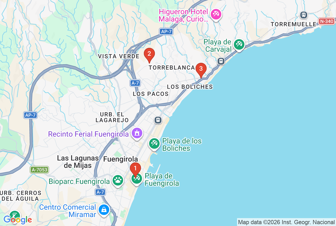 Google map with three project pins in Fuengirola