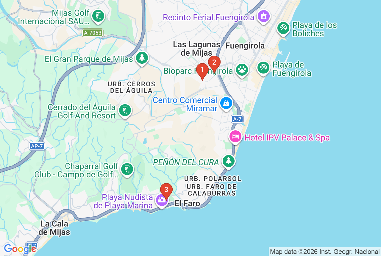 Google map with three project pins in Mijas
