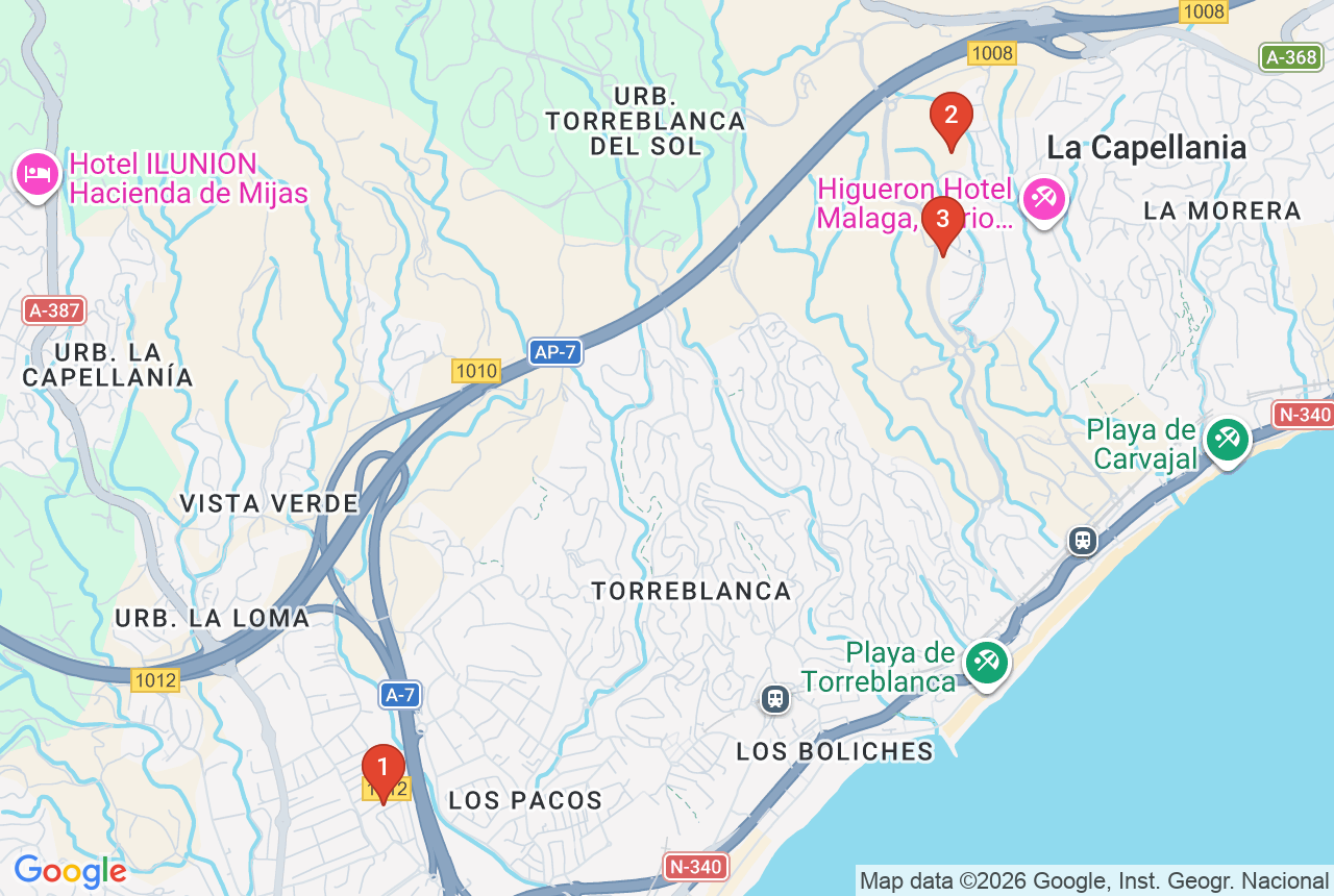 Google map with three project pins in Fuengirola