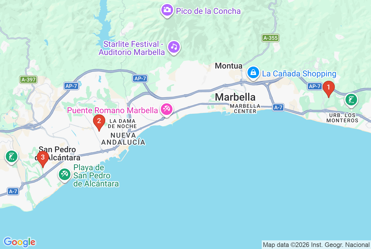 Google map with three project pins in Marbella