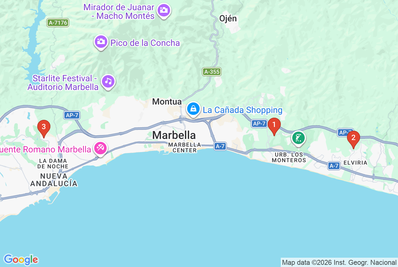 Google map with three project pins in Marbella