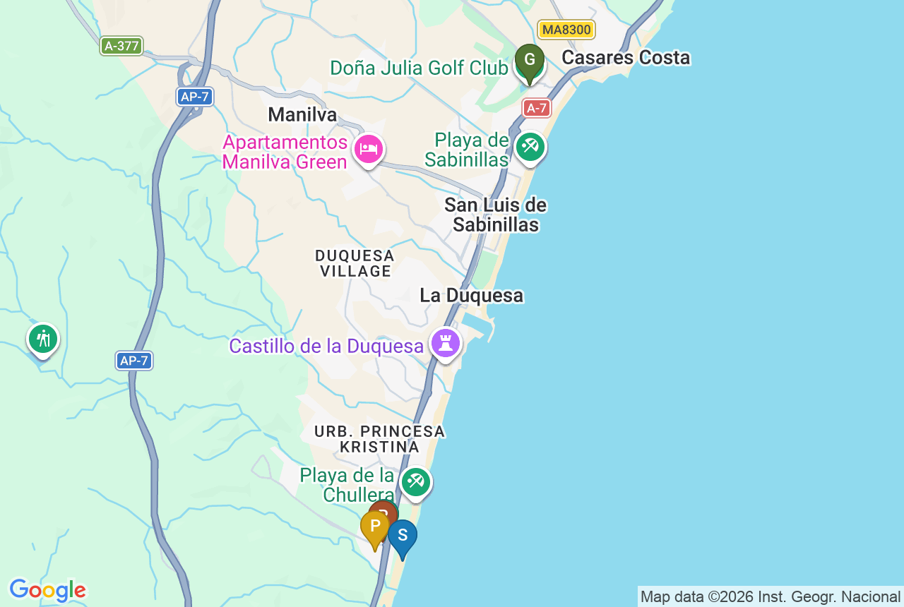Google-kort over Amphora Beach Fase III med fem pins